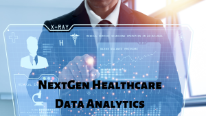 Photo of a business man in a suit with a clear digital computer that says NextGen Healthcare Data Analytics